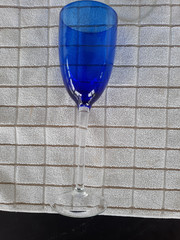 Set of 4 Vintage Hand Blown Cobalt Blue Wine Glasses With Clear Long Stems, 9”
