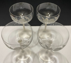 Vtg. Set of 4 Frosted & Etched «HUMMIMGBIRD» Champagne Glasses from the 80s AVON