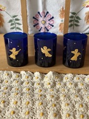 Vintage Lot Of 3 Culver Cobalt Blue Glass 22K Gold Cherub Angel Tumblers Cups