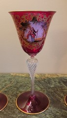 3 MURANO CRANBERRY HAND PAINTED BLOWN GLASS VENETIAN 24k GOLD LEAF STEM GOBLETS