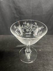 2 Stunning Vintage MCM Fostoria Chintz? Clear Stemmed Wine Glasses Floral Chip