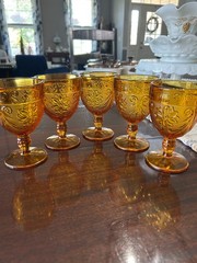 Vintage Indiana Glass Tiara Exclusives Amber Sandwich Pattern Water Goblets 5pc