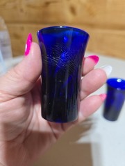 Vintage Hand Blow Cobalt Blue Shot Thick Glass Barware Glass Tall Set of 2