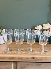 Set of 4 Cristal D’Arques Etched Laurel Leaf Platinum Rim Wine Goblets MCM