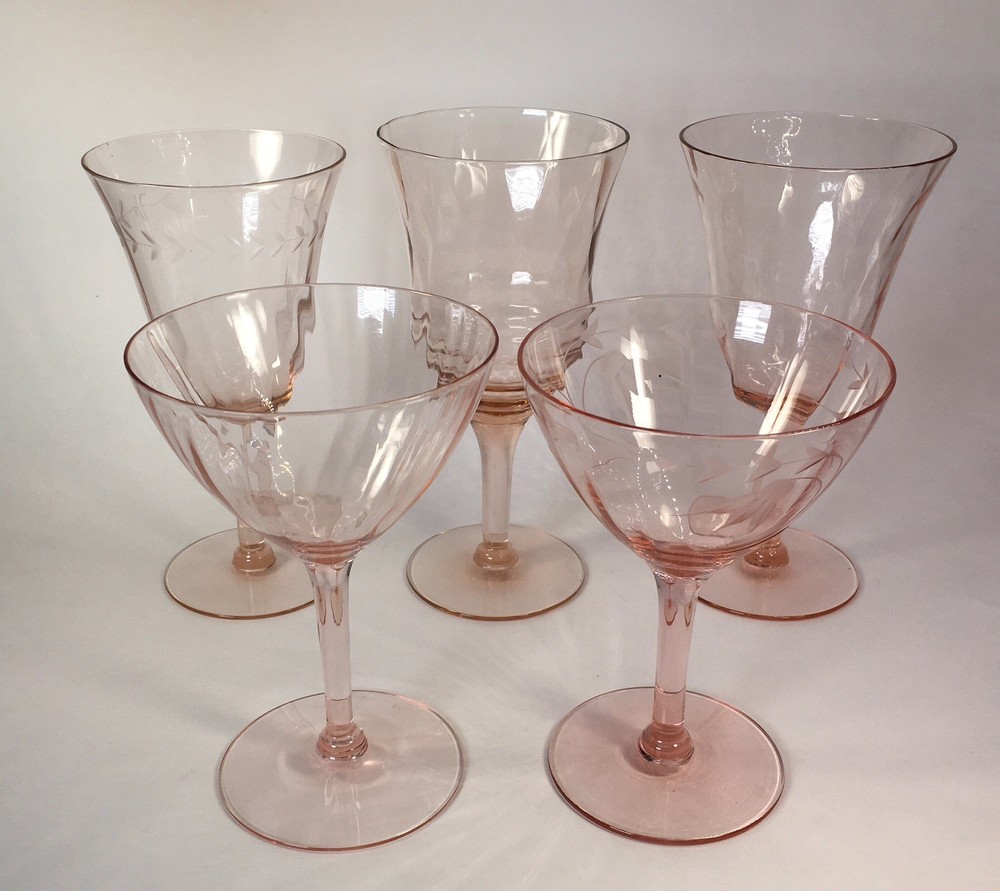 Vintage Pink Depression Glass Stemware 5 Piece Mix &Match Wine Champagne Glasses