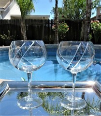 Studio Round Crystal Wine Goblets Clear Cut Modern Smoke-Blue Abstract Pair