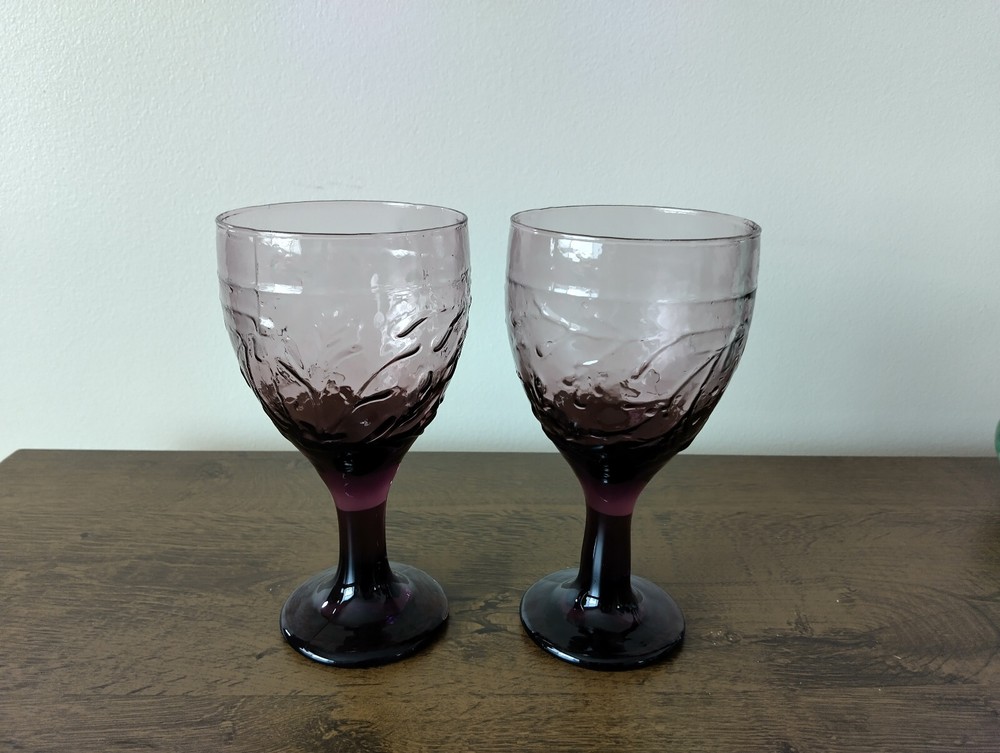 Libbey Garden Vine Violet Water Glass Goblet Set of 2 Vintage Glassware USA