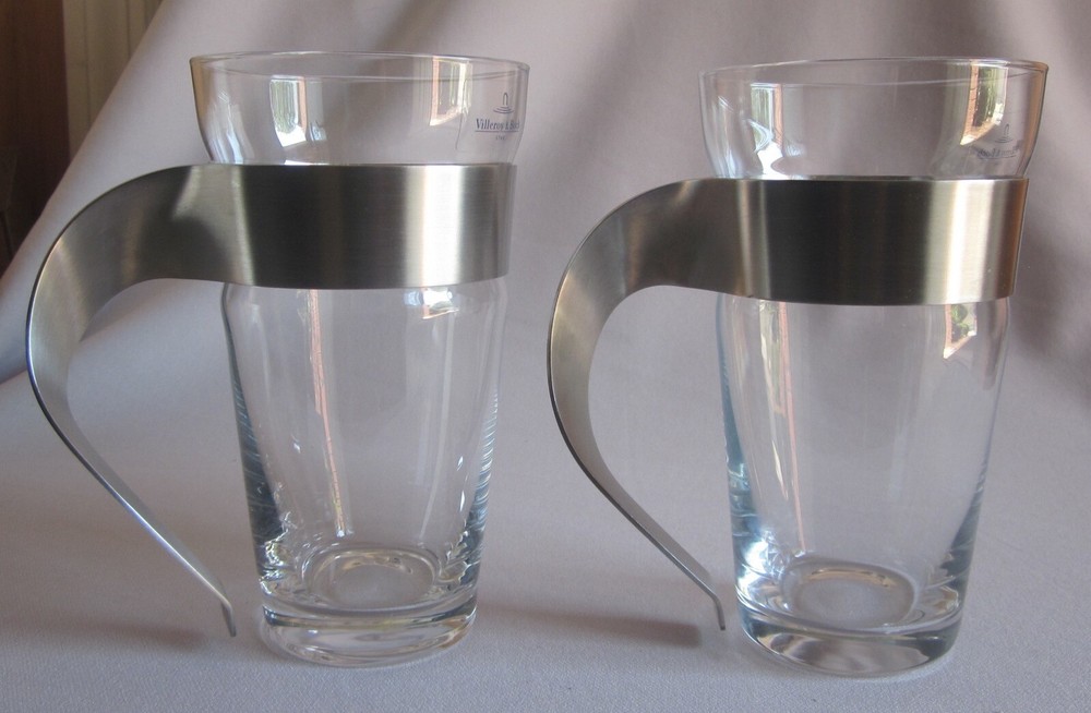 2 Glass & Metal Latte Mugs Villeroy & Boch New Wave Caffe Pattern 6″