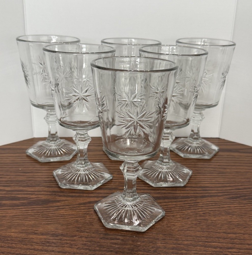 Set/6 VTG Indiana Clear Glass Water Wine Goblet – Bethlehem Star – USA 1910-1920