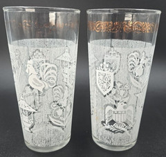 2 Mid Century Continental Can Co. Gold Trim White Rooster Eagle Juice Glasses