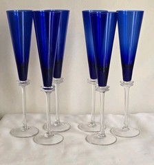 6 UNION STREET ASTA Cobalt Blue Champaign Flutes Hand Blown Art Glass GUY CORRIE