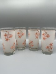 VTG Frosted Floral Tumblers Set 4 Peach Tiger Lily Glasses 12 oz Retro Barware