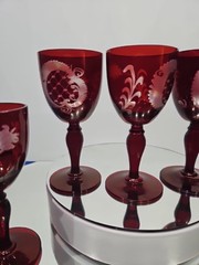 (5) WINE glasses Goblets 5″, bohemian Ruby red flashed & engraved cut to clear