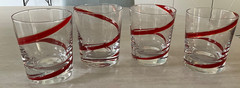 4 Pier One 4 1/4” Double Old Fashioned Whiskey Tumblers Red Swirl/Swirline Blown