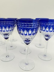 Vintage Akja Cobalt Blue Cut To Clear Tall Stem Wine Glasses Set of 10 6-3/4″