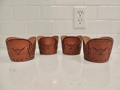Vtg Libbey Bamco Western Longhorn Hand-Tooled Leather Glass Holders Set 4 (Lot1)