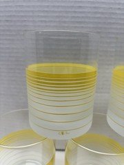 Vtg 5 Cera Yellow Stripe Frosted Low Ball Rocks Glasses Modern Juice Lemonade