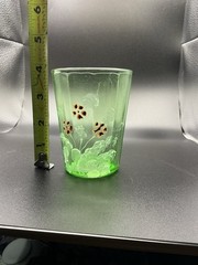 Victorian Green Glass Tumbler Uranium Optic Rib Hand Painted Floral