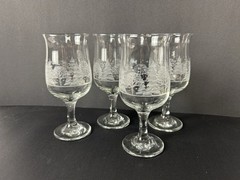 4 Arby’s Winter Wonderland Snow Frosted Trees Water Wine Goblets Libbey Vintage