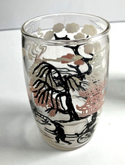 Set 2 Vintage MCM Drinking Glasses Asian Cherry Blossom Pink Pagoda Bar Ware 4″