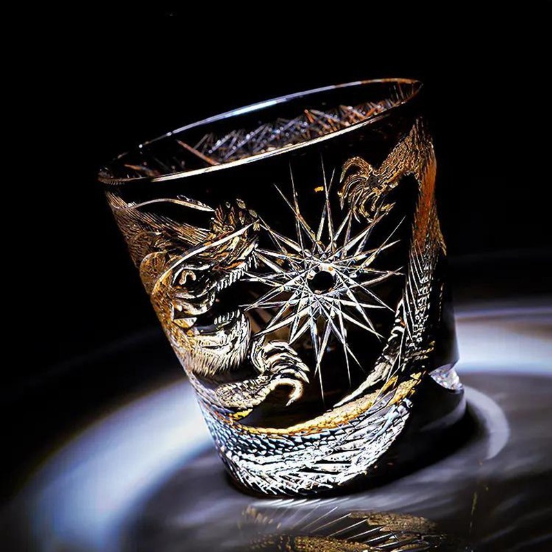 1PC Crystal Whiskey Glass Tumbler Hand Cut Edo Kiriko Chinese Dragon Loong 10oz