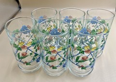 Set Of 6 Vintage 6” Water Glasses Blue Gate Fence Trellis W/ Flowers Vines MCM
