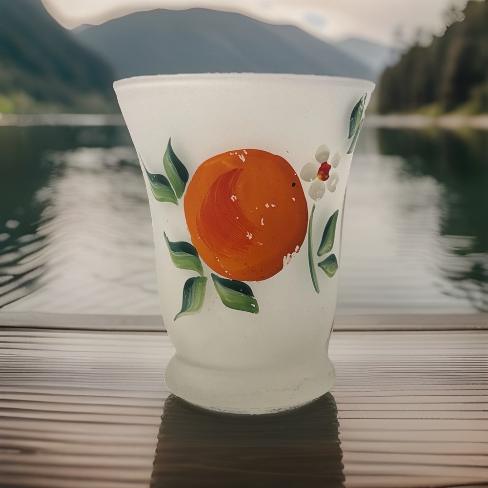 Vintage Milk Glass Tumbler Hand Painted Orange Fruit Juice Glass 3″ Tall