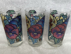 Vintage Set of 3 Stained Glass Style Tumblers Floral Design