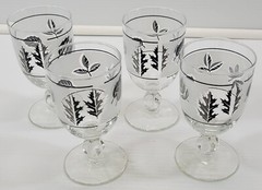 *MM) Set of 4 Libbey Glass Company Silver Foliage Leaves Stem Water Goblets 3003