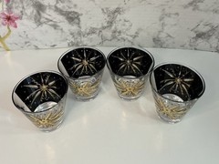 Set of 4 MCM Helen Conroy Black & Gold Snowflake Starburst Bar Glasses Madmen