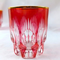 Cranberry Cut to Clear Shot Glasses Set of 4 Gold Gilded Rim Bohemian Vintage