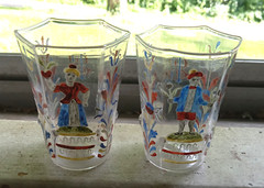 MATCHING PAIR OF 6 SIDED SALVIATI VENETIAN GLASS TUMBLERS ENAMEL DECORATED 1890s