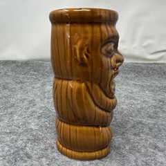 Ceramic Tiki Mug Brown Woodgrain Double Face Polynesian Hawaiian Tiki Bar 7in