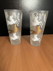 Two Libby, Cavalcade Mid century, 7″ high frosted glass with gold/white horses.