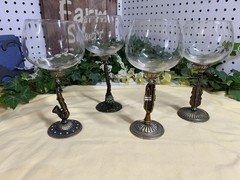 Rhinestone Jeweled Wine Glasses Set 4 Goblet Bronze Enamel Stem Musical & Tree