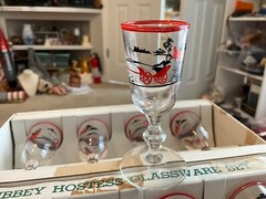 Vintage 8 Libbey Currier & Ives Cordials Glass Set W/Red Rim 1950’s Orig. Box