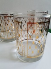 Set of 4 Georges Briard Double Old Fashioned Glass Gold Lattice Diamond Pattern
