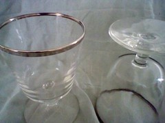 vintage 1960s set of 6 glass cocktail cups with silver trimming