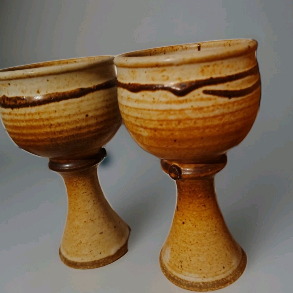 Pair Of Stunning Pottery Stem Wine Glasses Signed By Artist