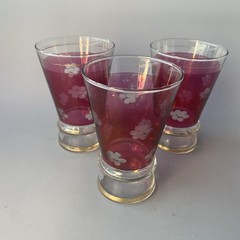 Glass Ruby Red Vintage Small Glasses Etched Flowers Gold Accents Set Of Three