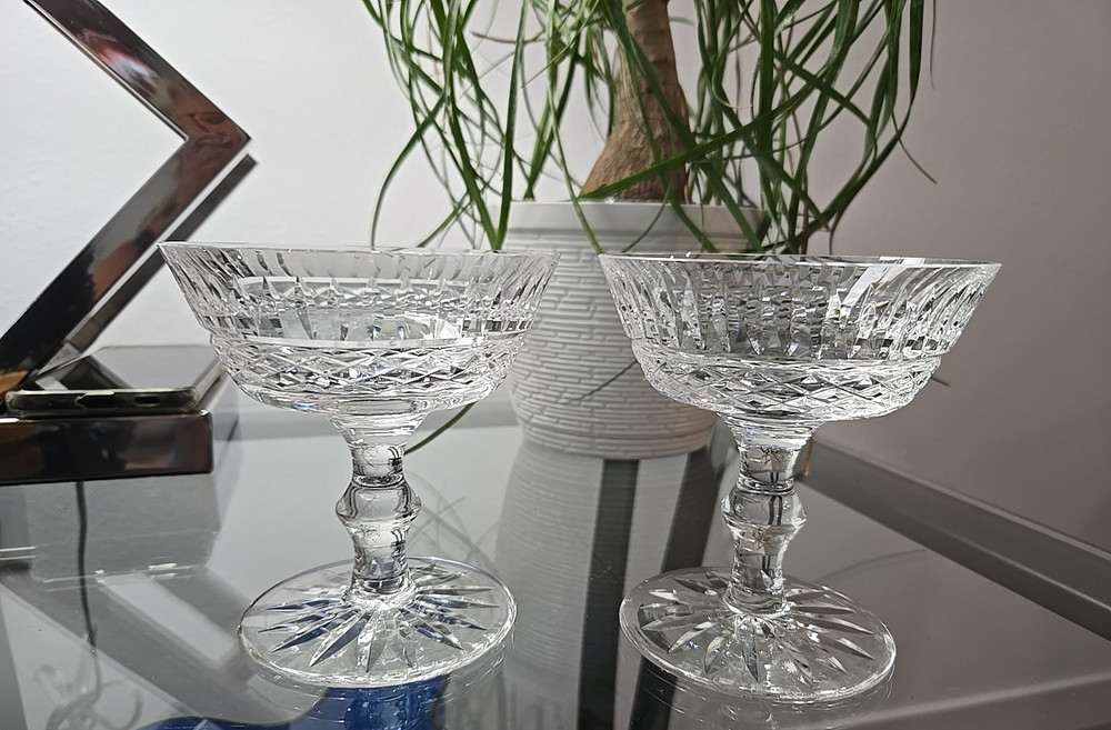 (2) Etched Waterford Crystal Tramore Champagne Sherbert Glass 4.5″ Vertical Cuts