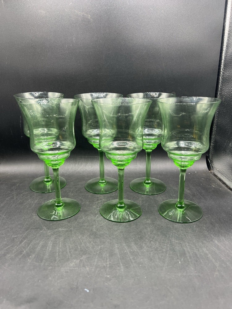 Set of 6 Green Uranium Glass Wine Goblets Stemware UV Reactive Vintage Glass