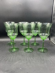Set of 6 Green Uranium Glass Wine Goblets Stemware UV Reactive Vintage Glass
