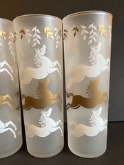 Vintage Libbey Barware Drinking Glasses Cavalcade Horses Stallions Frosted Gold