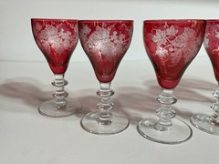 Set of 6 Cordial Glass Bryce Cranberry Ruby Glass 688-1 Etched Grape Design Rare