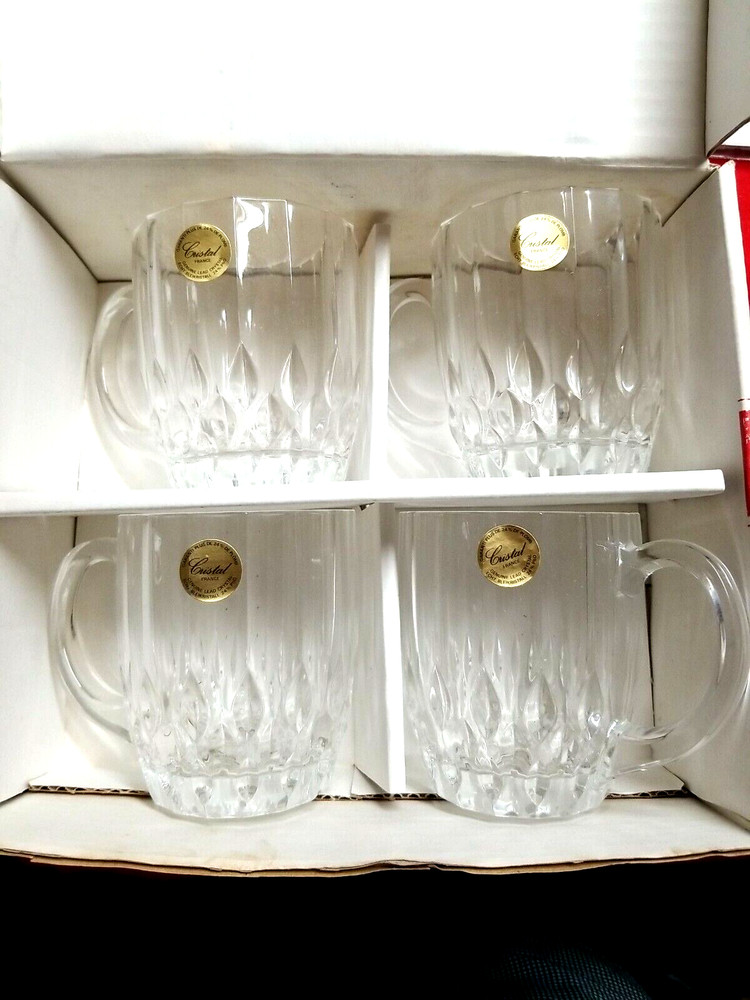 24% Lead Crystal SET OF 4 MUG MADE IN FRANCE NEW IN ORIGINAL BOX