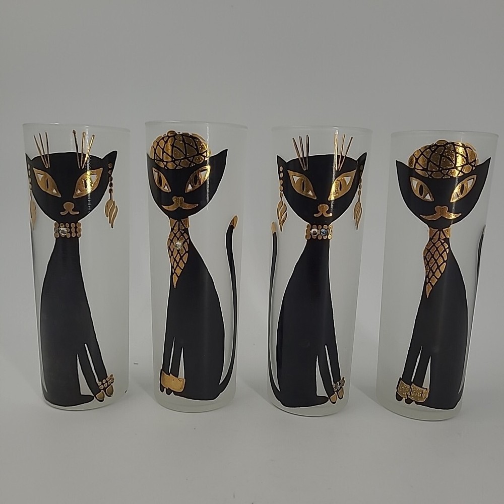 READ (4) Libbey Maida Armour Parisian Black Siamese Cats Frosted High Ball Glass