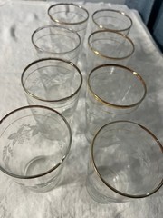 Bartlett Collins Etched Frosted Grapes 5″ Glasses Gold Trim Set of 8 Vintage