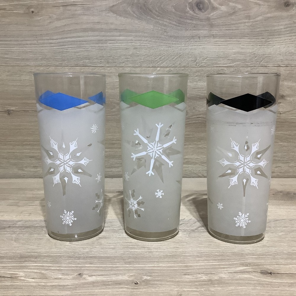 3 Vintage Frosted Glass Atomic Snowflake Diamond High Ball Ice Tea Tumblers MCM