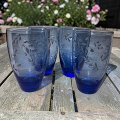 Pfaltzgraff Set of 4 Summer Breeze Cobalt Blue Glass Etched 6 1/2″, Free Ship